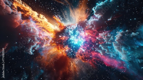 A breathtaking view of a colorful supernova explosion, with shock waves of gas and dust expanding outward in a spectacular display of cosmic violence.