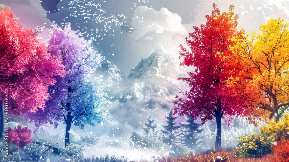 Seasonal fantasy landscape with vibrant trees Seasonal fantasy landscape with vibrant trees