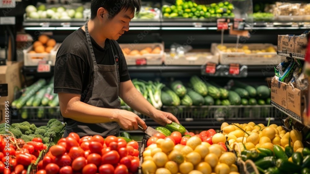 Employee worker working on foot stand in a grocery store. Employee worker working on foot stand in a grocery store.