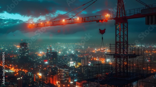 Construction tech of tomorrow, mobile crane, night city lights, ultra-detail