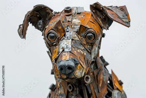 A creatively crafted dog sculpture made from metal parts, isolated on a white background.