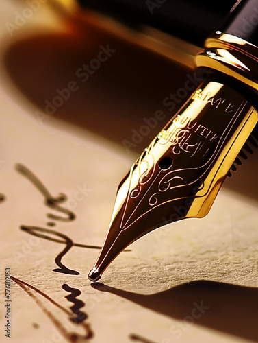 Gros plan sur la plume dorée et gravée d'un stylo à encre placé près d'un texte manuscrit