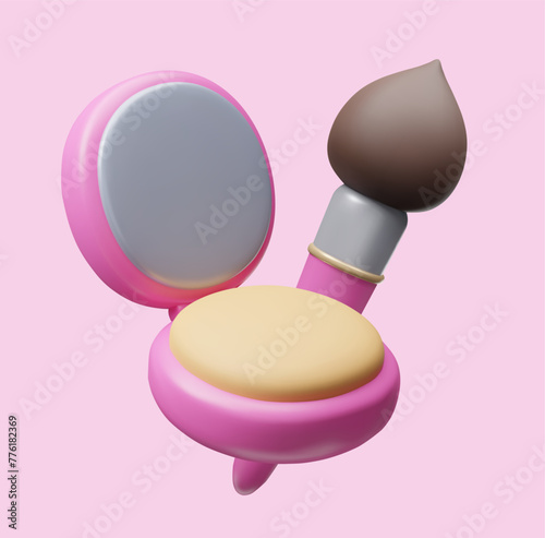 3D makeup cosmetic product set. Cute cartoon style 3D compact facial powder palette with makeup brush isolated on pink background. Beauty makeup advertising scene mockup showcase 3D render.