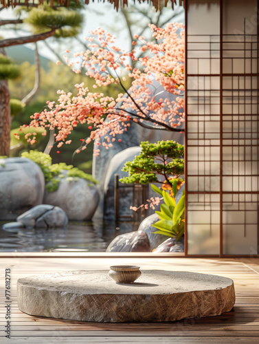 Tranquil Japanese Zen Garden with Bonsai and Tatami.