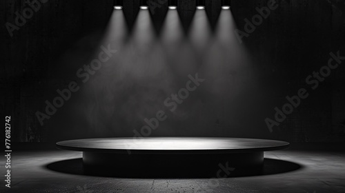 A podium illuminated by spotlights a blank canvas backdrop ready to spotlight the new merchandise