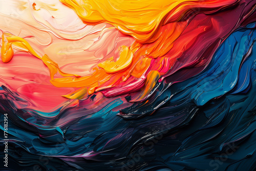Close-up photo of colorful acrylic paint strokes creating an abstract  vibrant texture..