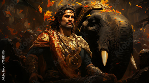 A south indian king in tamil culture with a beautiful face and middle age  black hair  show strong arms and chest  riding an elephant through the forest  show elephant foot  his guards riding horses i