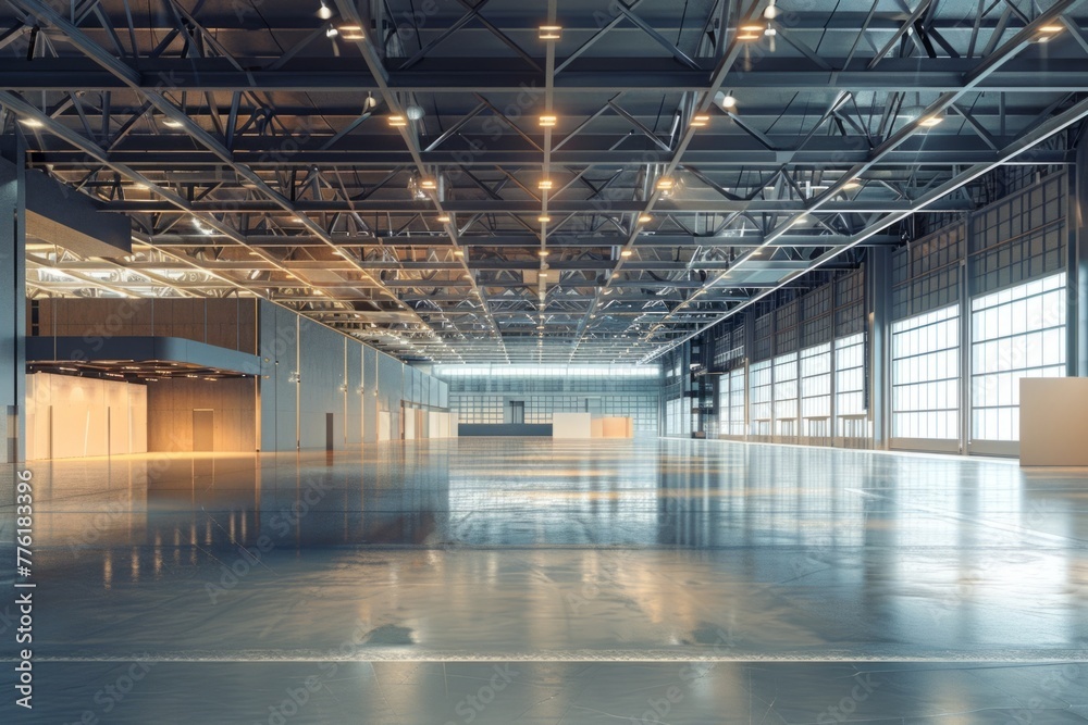 Spacious Empty Industrial Warehouse Interior with Concrete Floor and Overhead Lighting