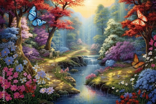 Beautiful garden  A beautiful garden with blooming flowers and fluttering butterflies  AI generated