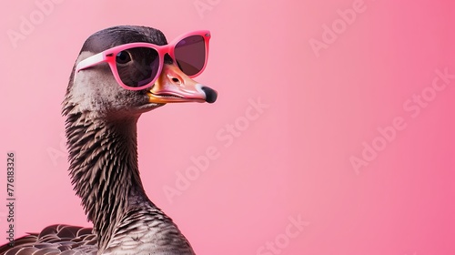 Goose bird in sunglass shade glasses on pink background photo