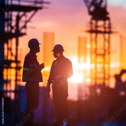 Two Construction Workers Silhouetted at Sunset in Industrial Cityscape