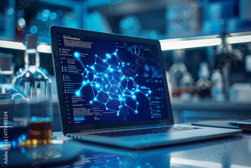 High-tech laboratory featuring an advanced microscope and a digital screen displaying molecular structures.