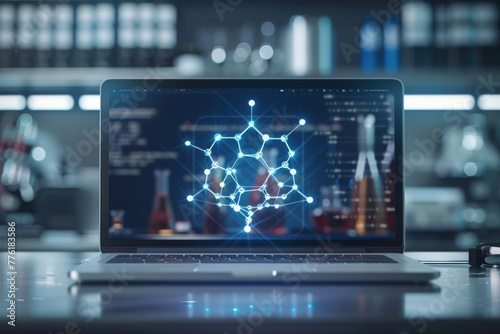 High-tech laboratory featuring an advanced microscope and a digital screen displaying molecular structures.