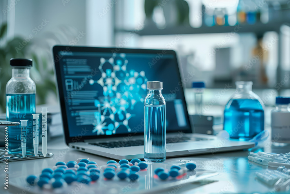 High-tech laboratory featuring an advanced microscope and a digital screen displaying molecular structures. High-tech laboratory featuring an advanced microscope and a digital screen displaying molecular structures.