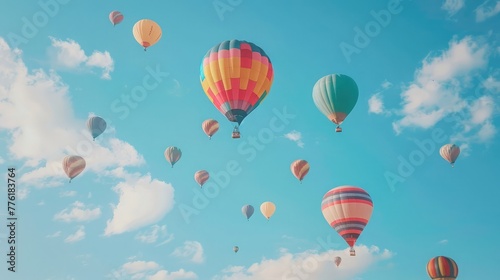A cluster of colorful hot air balloons ascending into a clear blue sky, painting a picturesque scene against the backdrop of clouds.