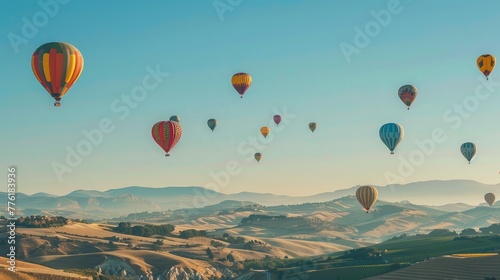 A cluster of colorful hot air balloons drifting lazily across a clear blue sky, a whimsical sight against the backdrop of rolling hills.