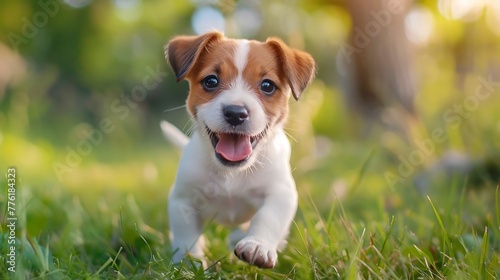 Happy active jack russel puppy running in the grass in summer