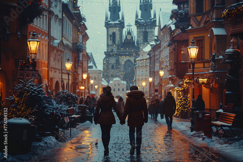 A couple walking hand-in-hand down a city street © Veniamin Kraskov