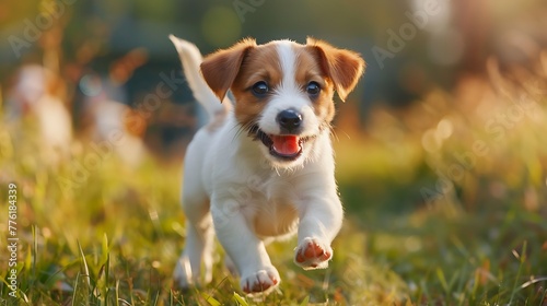 Happy active jack russel puppy running in the grass in summer