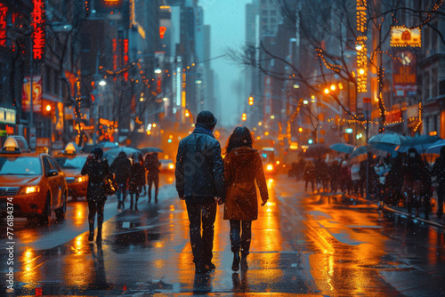 A couple walking hand-in-hand down a city street