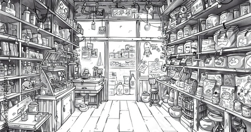 random fantasy toy store, black and white line art photo