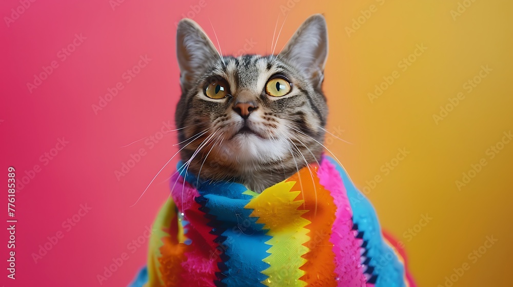 happy smiling cat in colorful costume on colored background