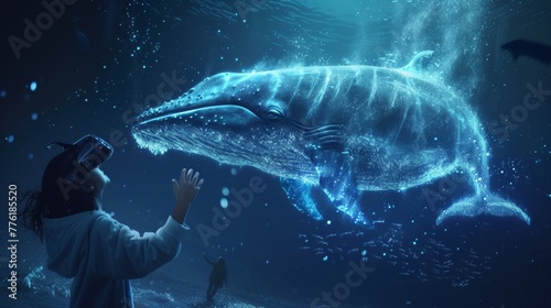 A little girl is in a virtual fantasy underwater world with a giant glowing whale when wearing VR headset.