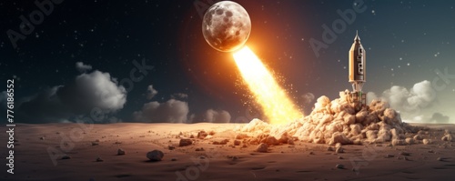 Bitcoin financial market is increasing to the moon like rocket, banner. Generative AI. photo