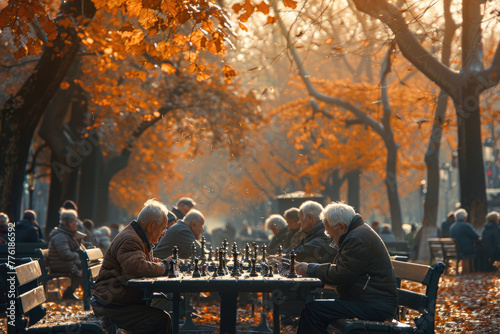 A group of elderly people playing chess in a park