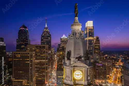 Philadelphia City Hall and Center City Drone Photo.  Evening and Sunset.