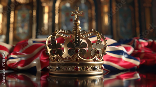 3d golden crown and British flag, illustration, monarchy, coronation, Great Britain, drawing, jewel, gold, symbol, power, king, queen, kingdom, greatness, heraldic, royal, united kingdom, union jack