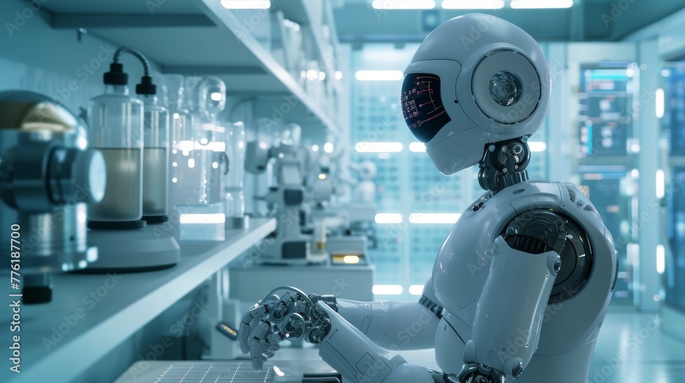 An advanced robot is working in a biochemistry research lab An advanced robot is working in a biochemistry research lab