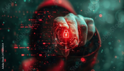 close up, man in the red hood holding security padlock button on virtual screens, technology internet and networking concept, green sci-fi tone