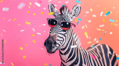 party zebra wearing sunglasses on colored background