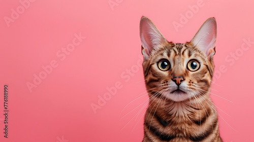 Portrait of a Bengal cat on a pink background