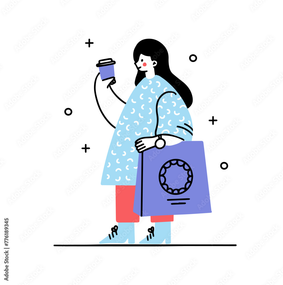 Obraz premium Woman walk and coffe drink set. Busy employees character drinking coffee. Young woman rush to work.Busy human is late concept. Cartoon flat vector collection isolated on white background