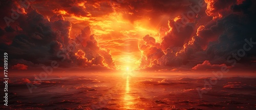 There is a dramatic religious background with bright lights from heaven, a burning doorway in a red sky, the path to hell, the way to hell, heaven and hell, and other images.