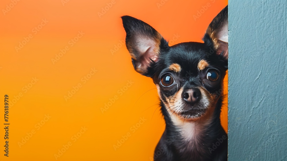 portrait of a chihuahua dog puppy peeking on colored background