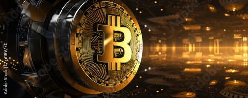 Bitcoin symbol safe lock in financial data processing, banner. Generative AI. photo