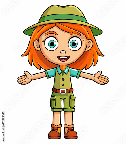 An adorable cute illustration of a 10-year-old girl in a T-pose for 2D animation. She has blue eyes, red hair, freckles and a happy smile. The character is dressed in a green safari clothes and hat.