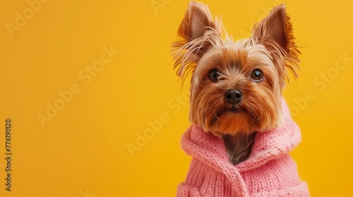 Portrait of a cute yorkshire terrier in pink coat on yellow background