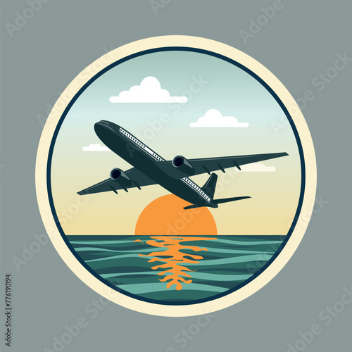 Sticker Airplane flies over the sea against the background of the sun travel