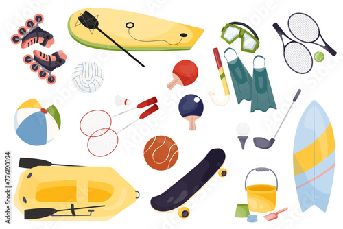A set of sports equipment for summer sports. Illustrations of sports equipment in flat style. photo