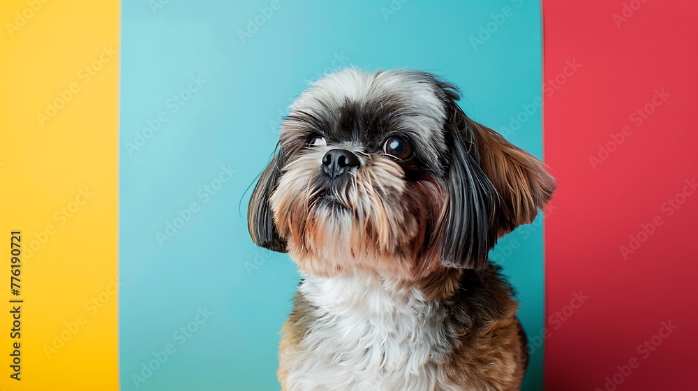 portraits of a funny Shih Tzu dog on colored background