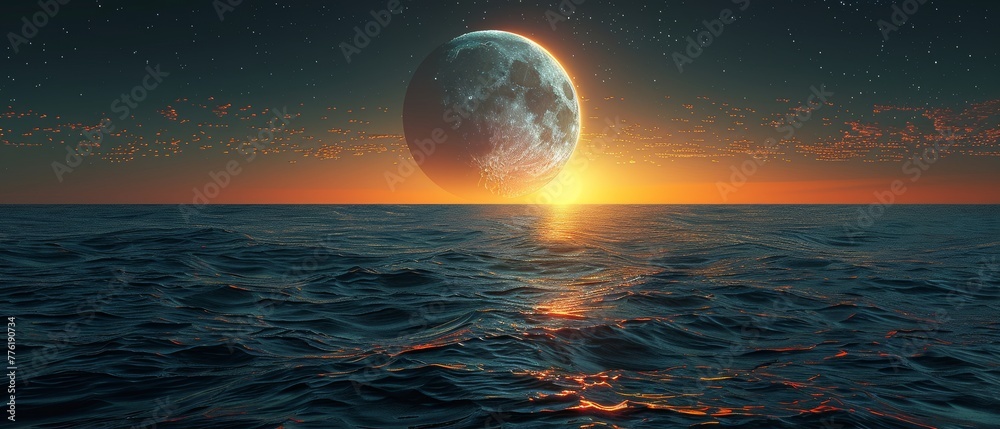 Surreal background with crescent moon rising above peaceful sea, glowing sky, and bright stars.