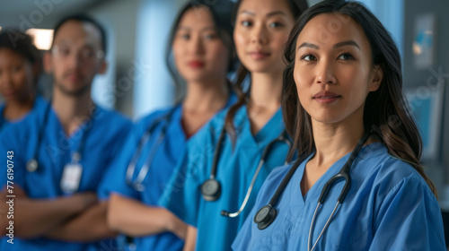 Focused medical professionals in scrubs with stethoscopes stand in a line, looking determined.