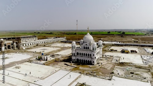 The Kartarpur Sahib, Gurdwara Darbar Sahib Kartarpur, a Sikh temple in the town of Narowal in Punjab State of Pakistan, Asia . Drone Top view photo