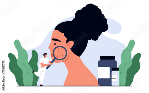 Acne concept. Dermatologist doctor holding magnifying glass and examining acne on woman face. Skin problem, dermatology treatment and skincare. Isolated vector illustration in cartoon style