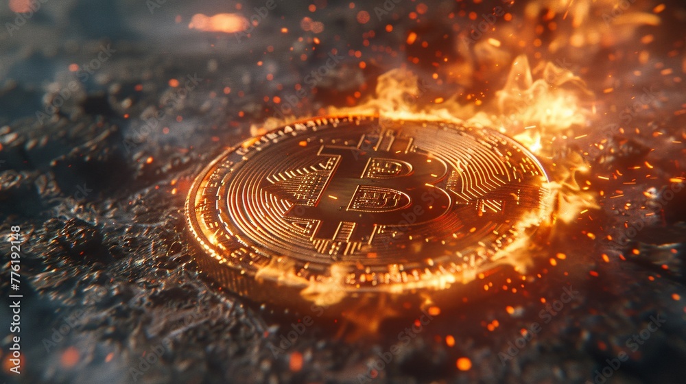 Crypto firestorm depicting Bitcoin in literal combustion reflecting market turmoil Crypto firestorm depicting Bitcoin in literal combustion reflecting market turmoil