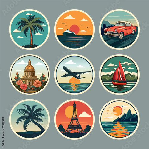 A set of stickers on the theme of travel, attractions and recreation in retro style.